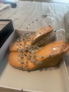 Dolce Vita Clear Studded Espadrille Wedges with Tan Footbed